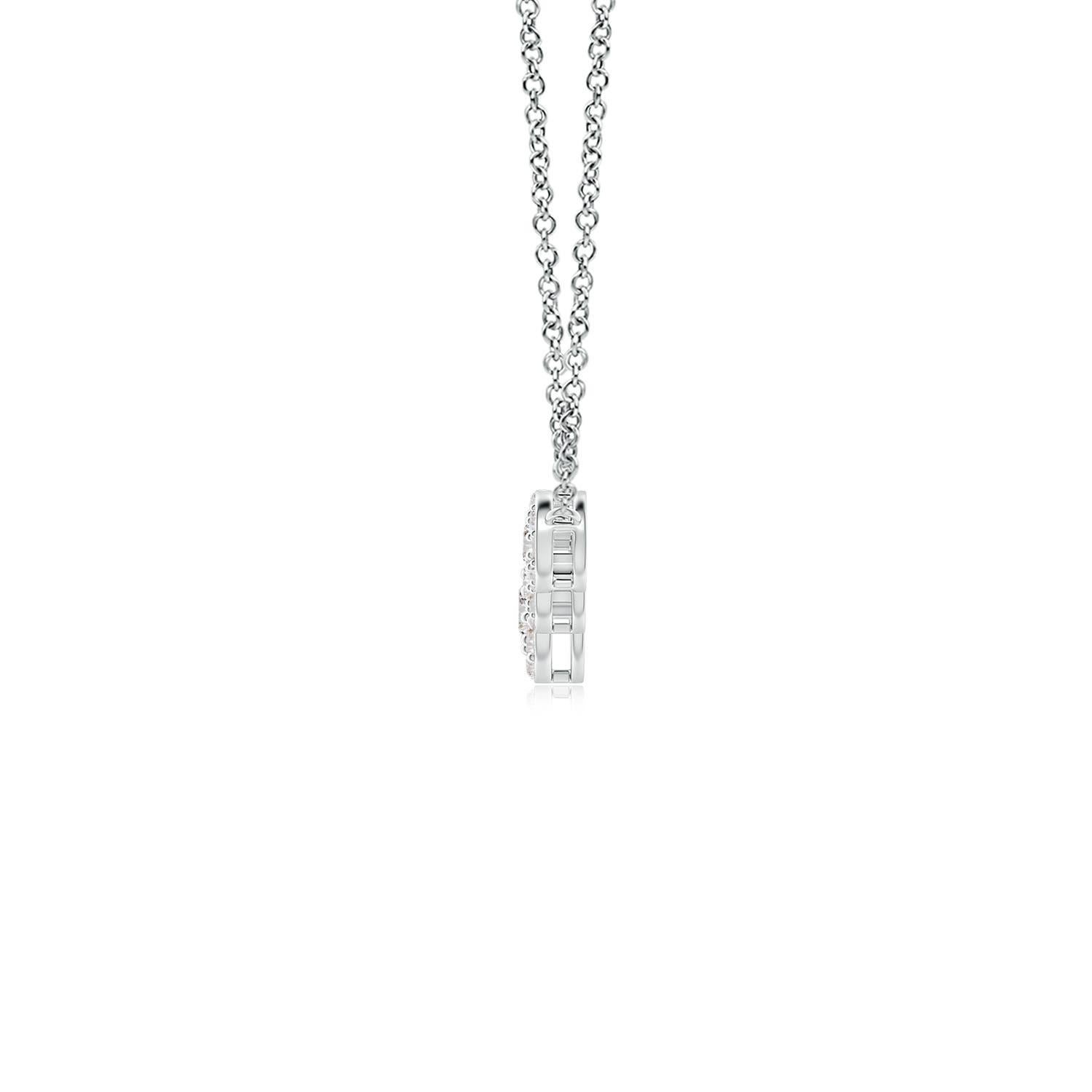 Exuding a dose of extravagance with celestial brilliance, this diamond five stone necklace is designed in 14k white gold. Five round diamonds are horizontally connected in a graduating pattern and surrounded by halos of glimmering accent diamonds.