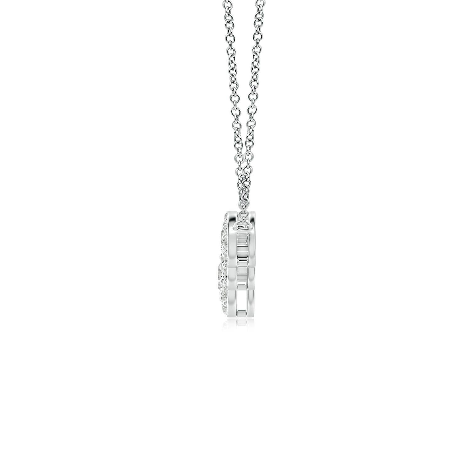 Exuding a dose of extravagance with celestial brilliance, this diamond five stone necklace is designed in 14k white gold. Five round diamonds are horizontally connected in a graduating pattern and surrounded by halos of glimmering accent diamonds.