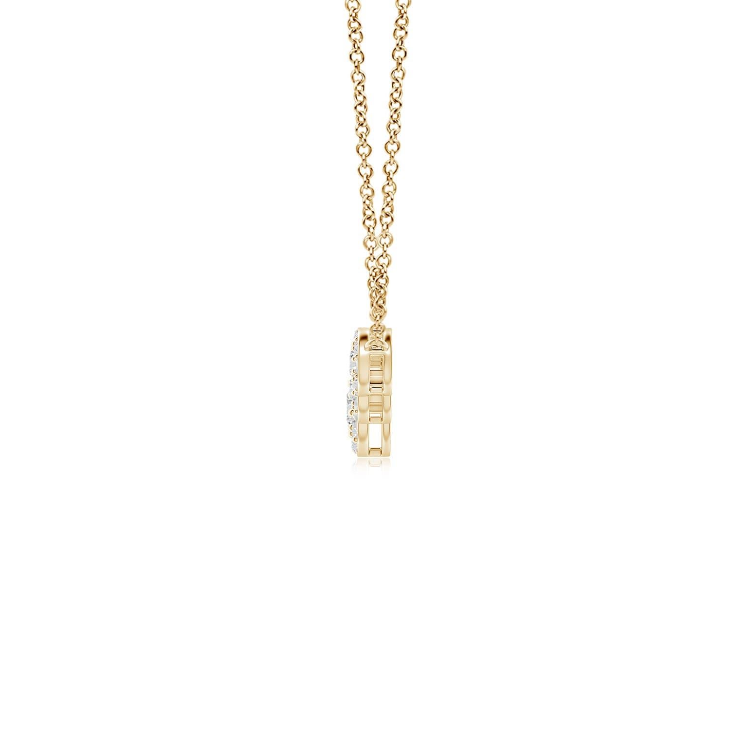 Exudando una dosis de extravagancia con brillo celestial, este collar de diamantes y cinco piedras está diseñado en oro amarillo de 14 quilates. Cinco diamantes redondos están conectados horizontalmente en un patrón graduado y rodeados de halos de