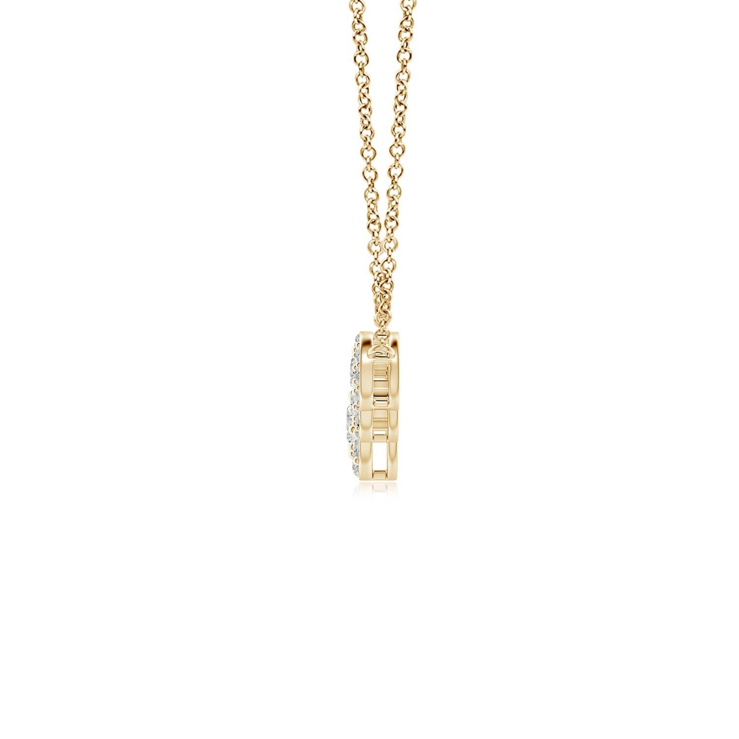 Exudando una dosis de extravagancia con brillo celestial, este collar de diamantes y cinco piedras está diseñado en oro amarillo de 14 quilates. Cinco diamantes redondos están conectados horizontalmente en un patrón graduado y rodeados de halos de