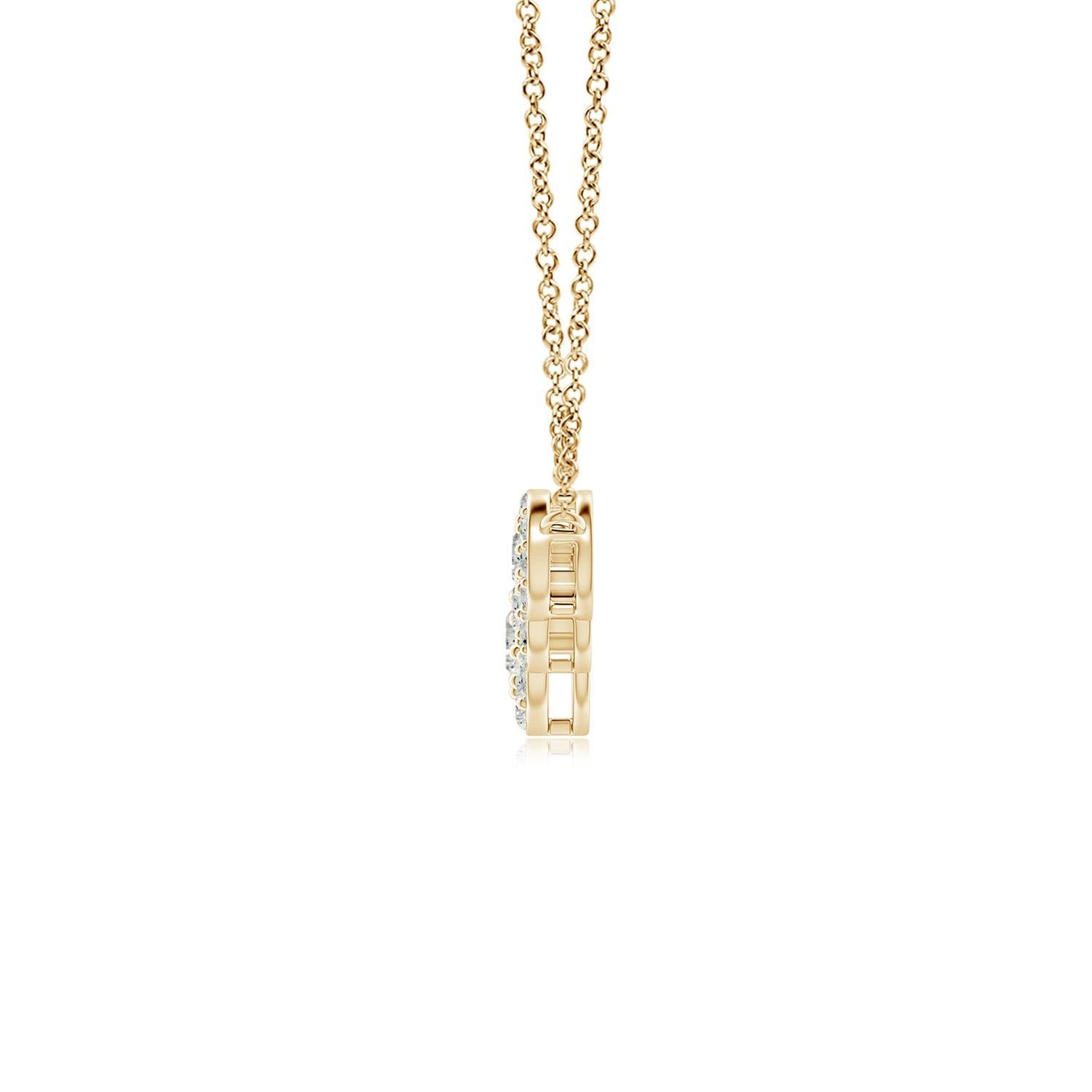 Exudando una dosis de extravagancia con brillo celestial, este collar de cinco piedras de diamante está diseñado en oro amarillo de 14 quilates. Cinco diamantes redondos están conectados horizontalmente en un patrón graduado y rodeados de halos de