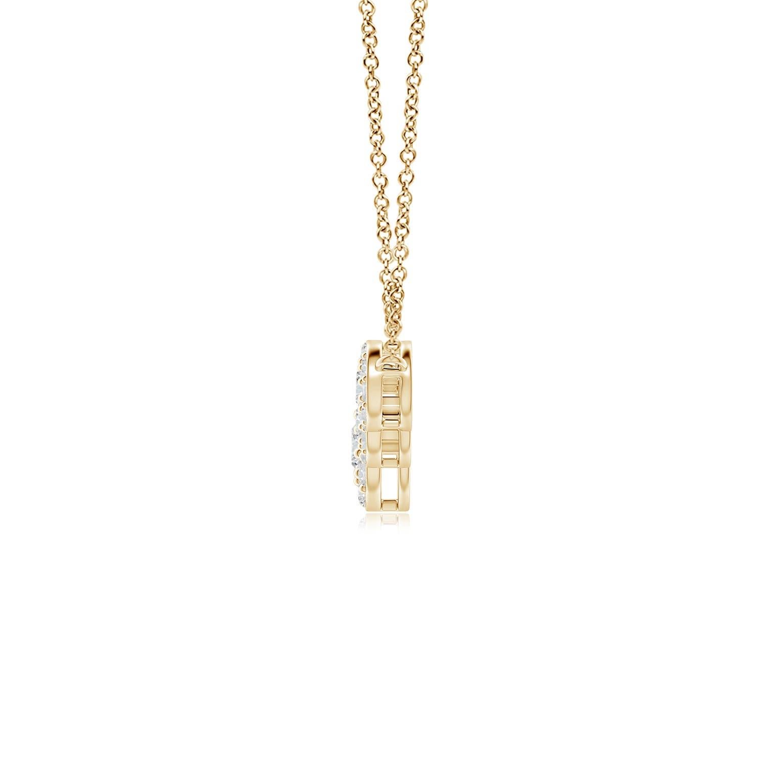 Exudando una dosis de extravagancia con brillo celestial, este collar de diamantes y cinco piedras está diseñado en oro amarillo de 14 quilates. Cinco diamantes redondos están conectados horizontalmente en un patrón graduado y rodeados de halos de