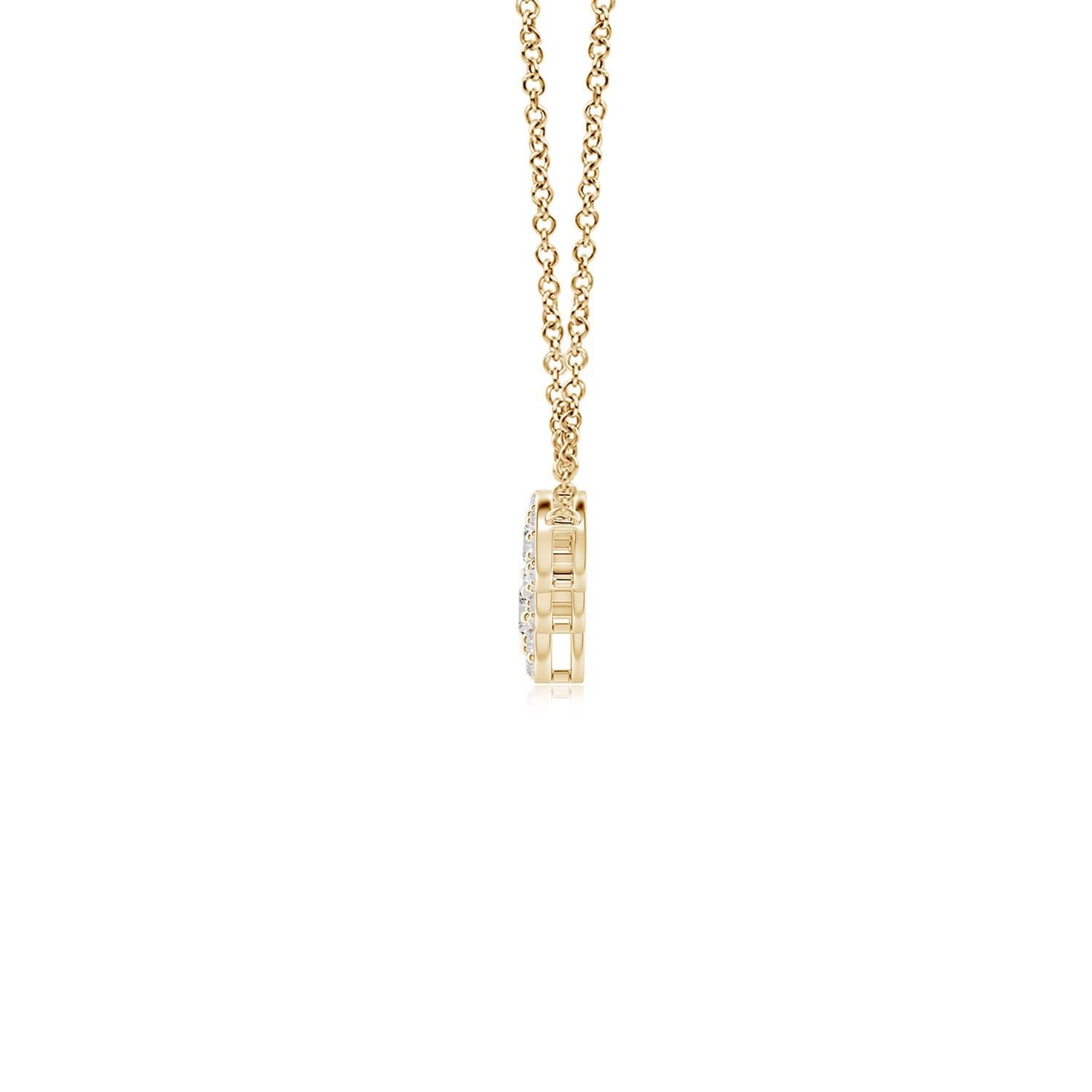 Exuding a dose of extravagance with celestial brilliance, this diamond five stone necklace is designed in 14k yellow gold. Five round diamonds are horizontally connected in a graduating pattern and surrounded by halos of glimmering accent diamonds.