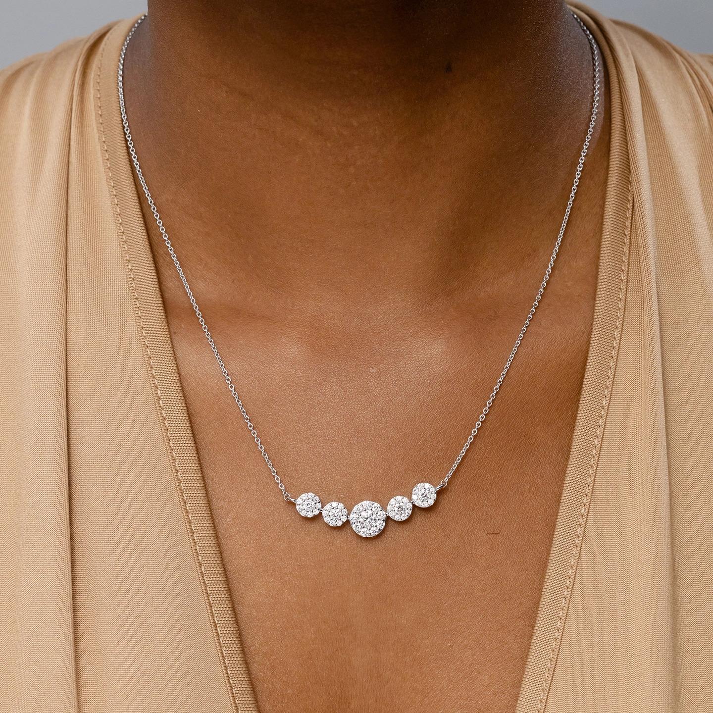 Modern Angara Natural Graduated Five Stone Diamond Halo Necklace in 14K Yellow Gold For Sale
