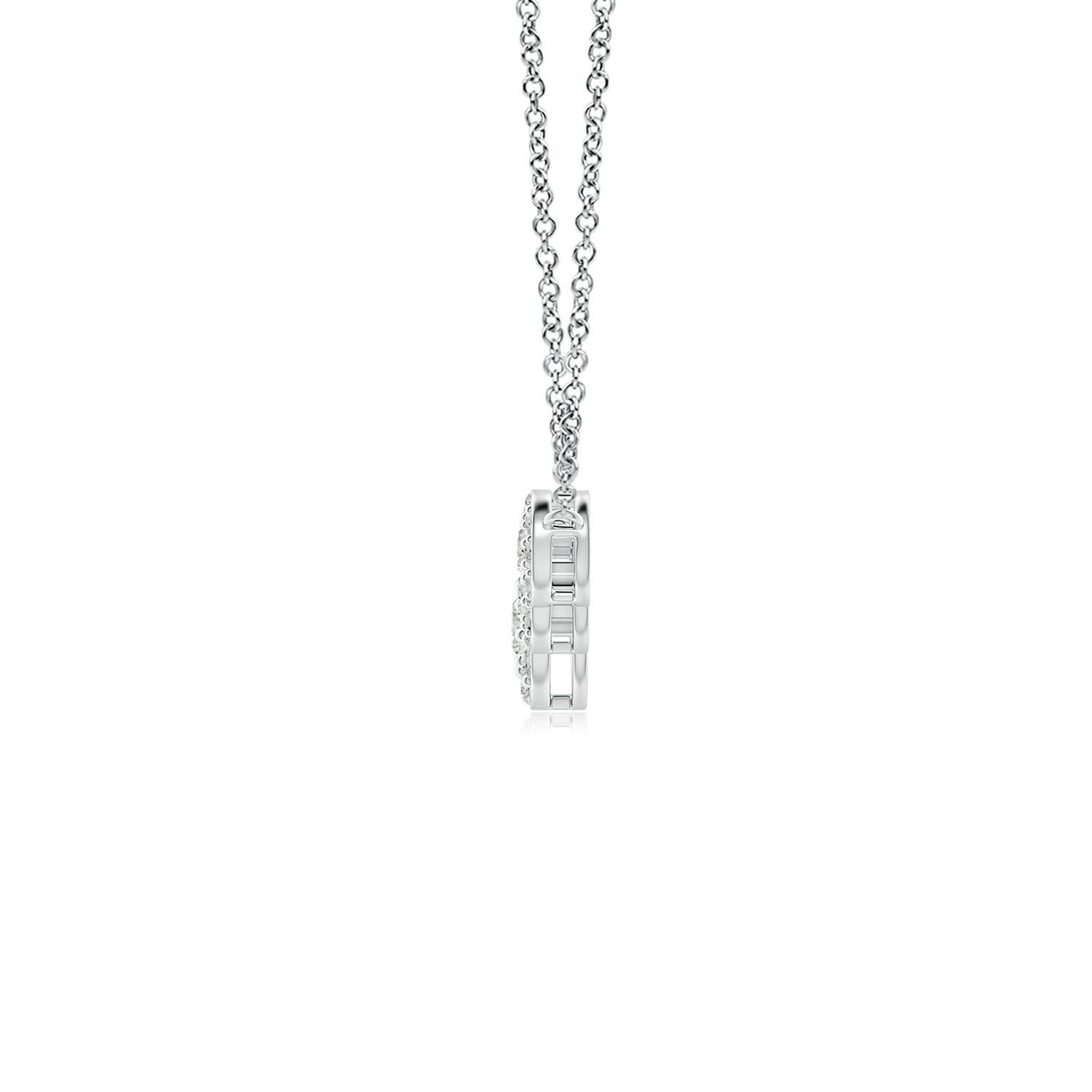Exuding a dose of extravagance with celestial brilliance, this diamond five stone necklace is designed in platinum. Five round diamonds are horizontally connected in a graduating pattern and surrounded by halos of glimmering accent diamonds. They