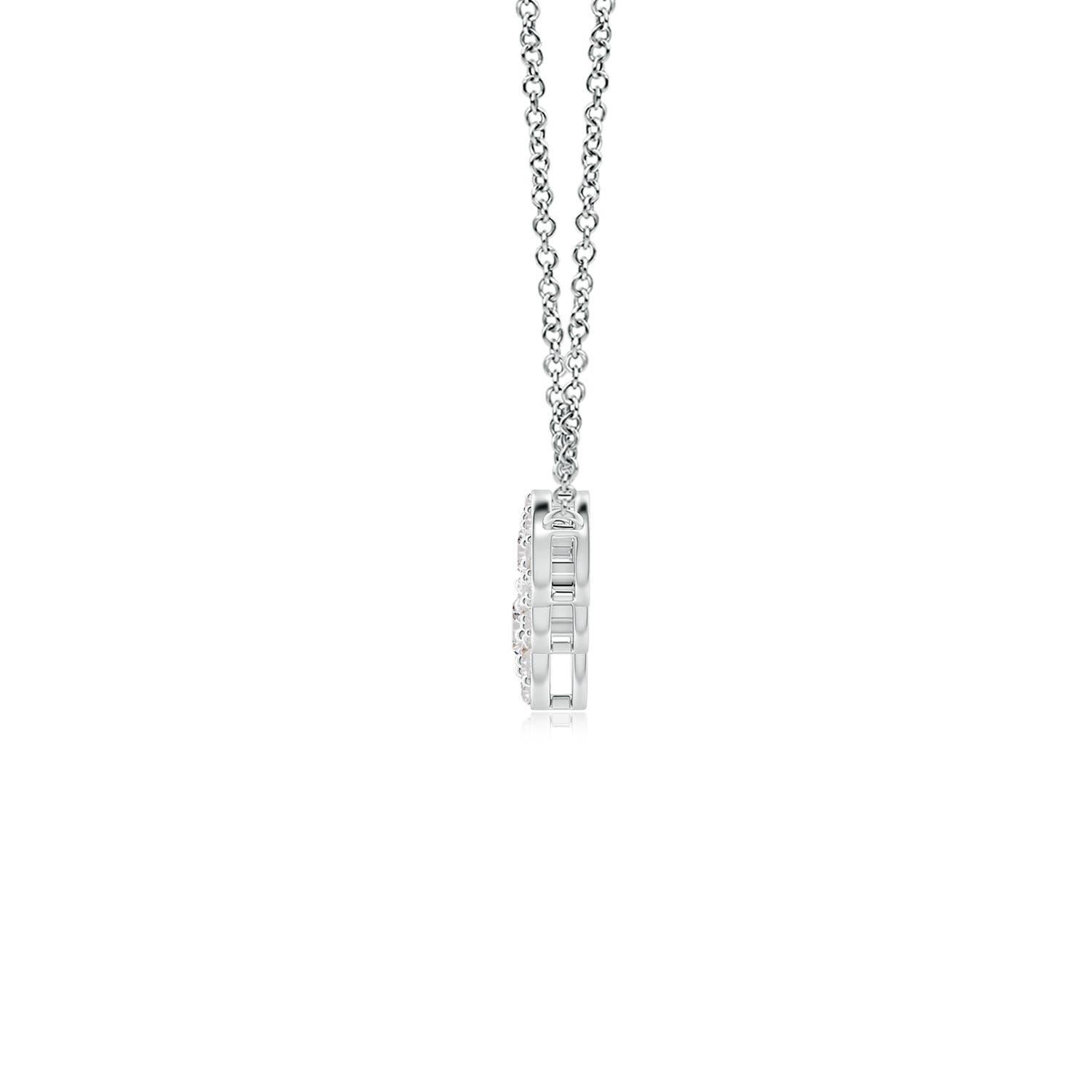 Exuding a dose of extravagance with celestial brilliance, this diamond five stone necklace is designed in platinum. Five round diamonds are horizontally connected in a graduating pattern and surrounded by halos of glimmering accent diamonds. They