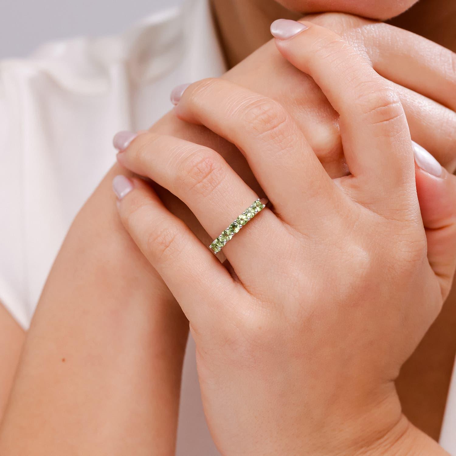 Modern Angara Natural Half Eternity Seven Stone Peridot Wedding Ring in 14K Solid Gold For Sale