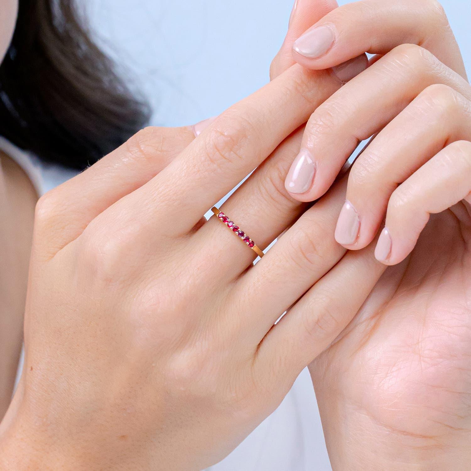 Modern Angara Natural Half Eternity Seven Stone Ruby Wedding Ring in 14K Solid Gold For Sale