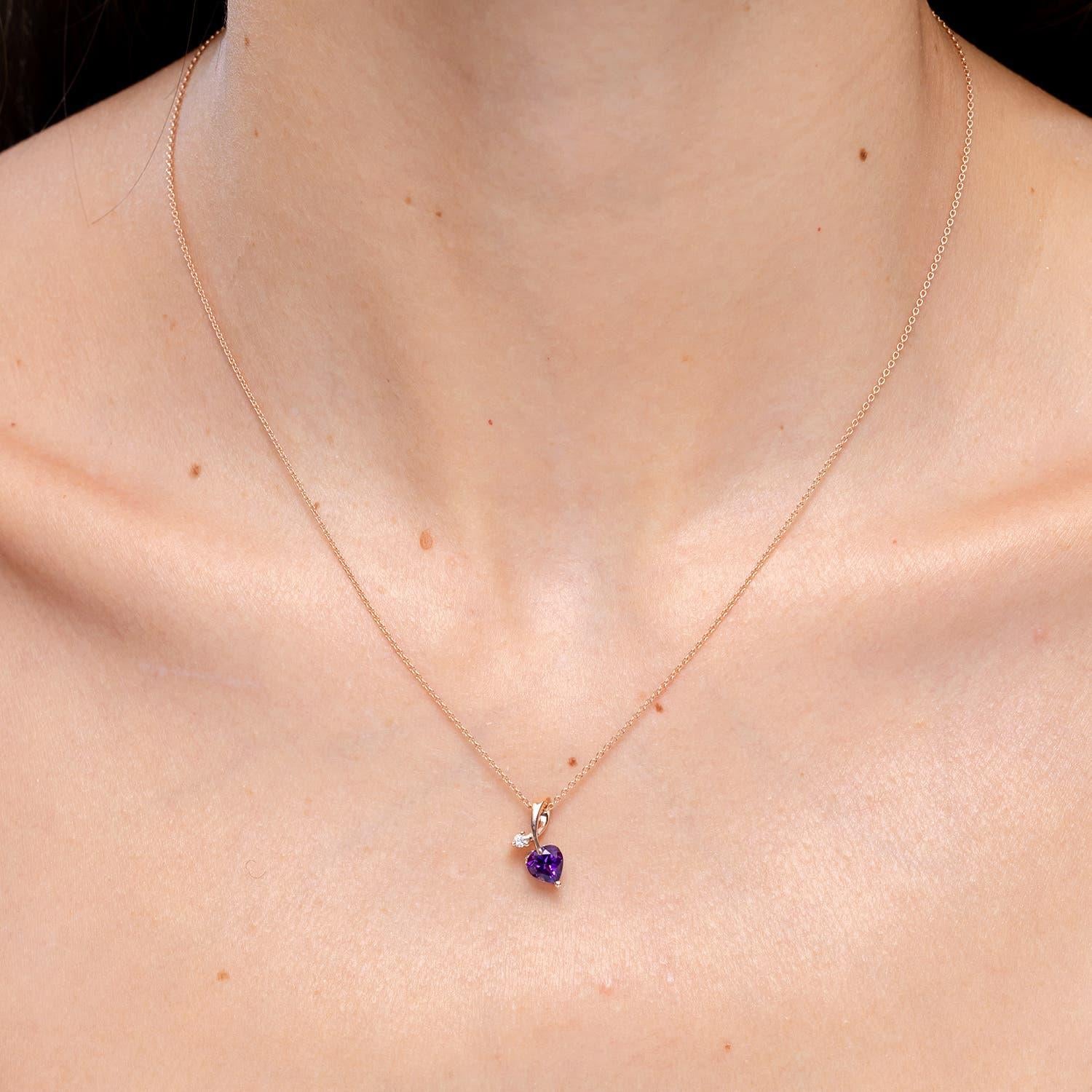 Modern Angara Natural Heart-Shaped Amethyst Ribbon Pendant with Diamond 14K Solid Gold For Sale