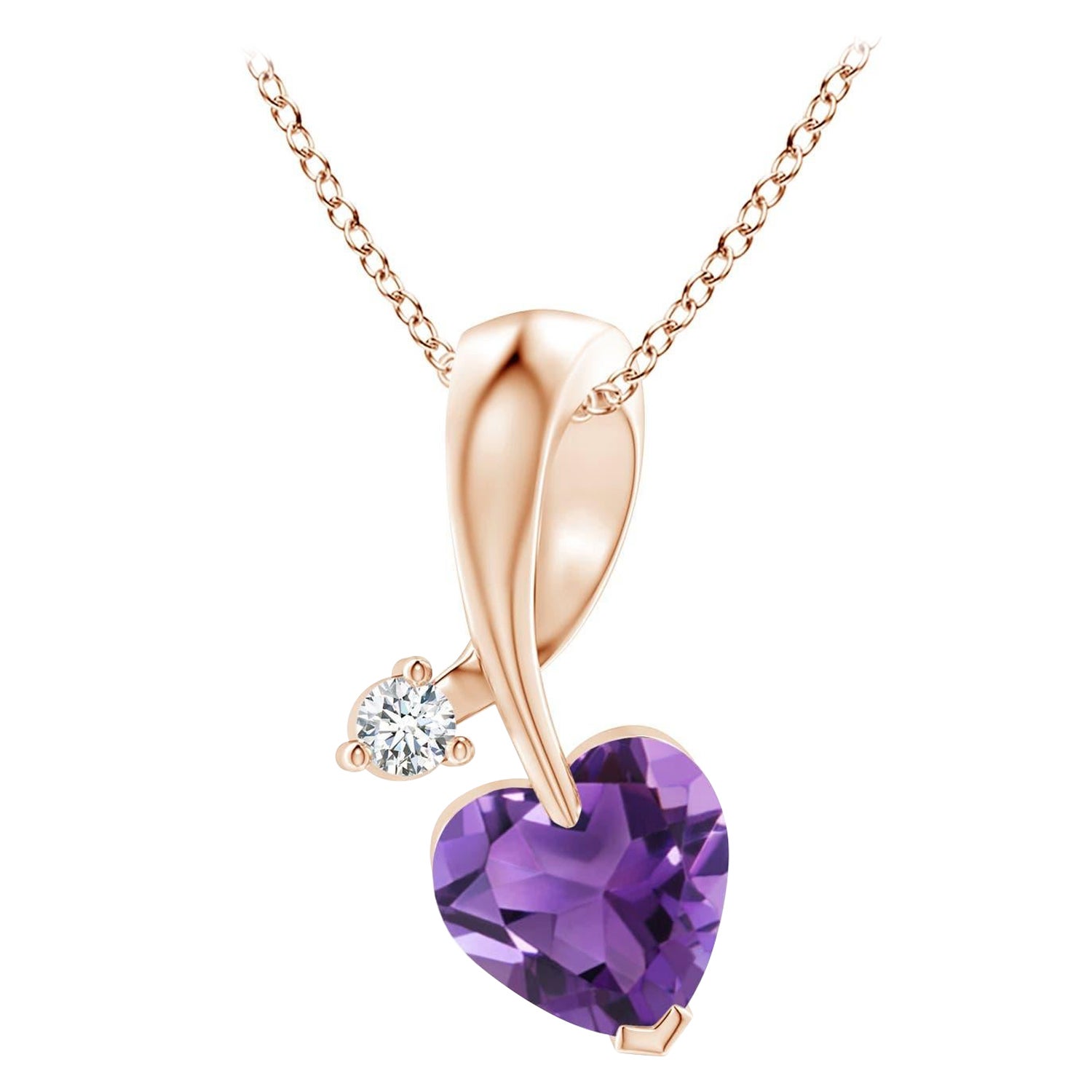 Angara Natural Heart-Shaped Amethyst Ribbon Pendant with Diamond 14K Solid Gold