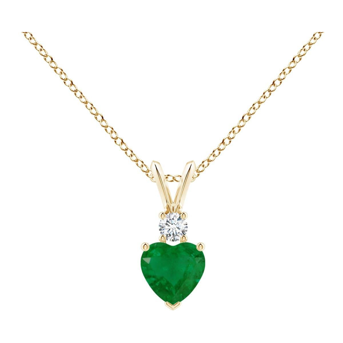 Smeraldo naturale a forma di cuore di Angara con ciondolo di diamanti in oro giallo 14K