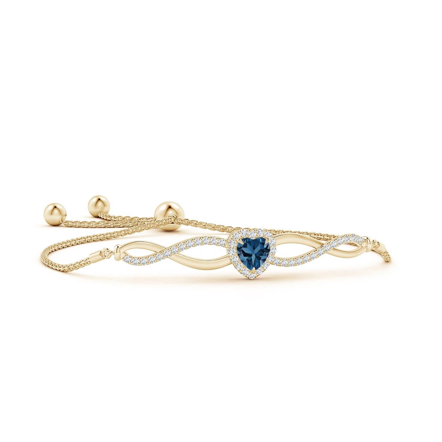 Women's Angara Natural Heart-Shaped London Blue Topaz Infinity Bolo Bracelet in 14K Gold For Sale