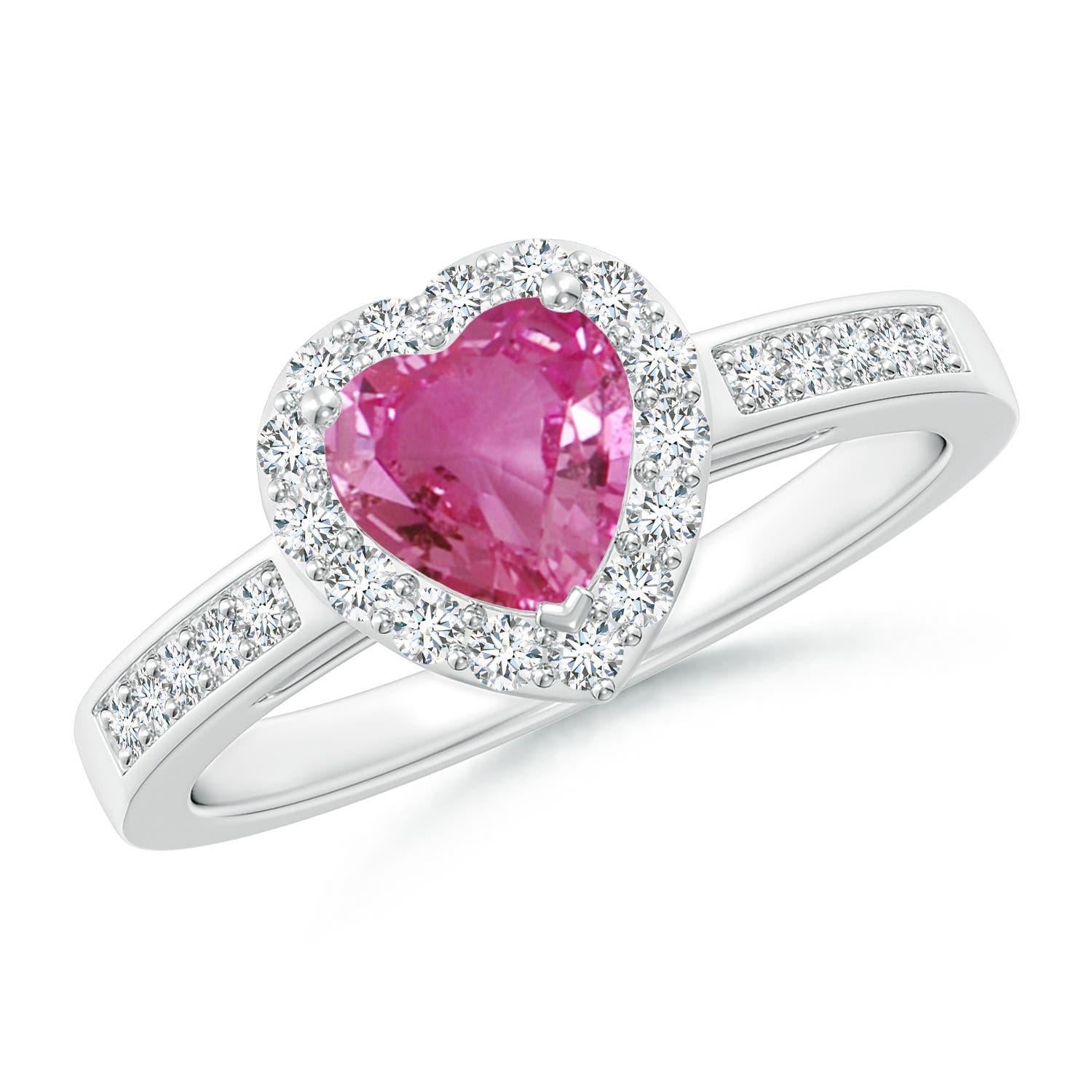 Angara Natürlicher Herzförmiger Rosa Saphir Halo Ring mit Diamant in 14K Gold Damen im Angebot