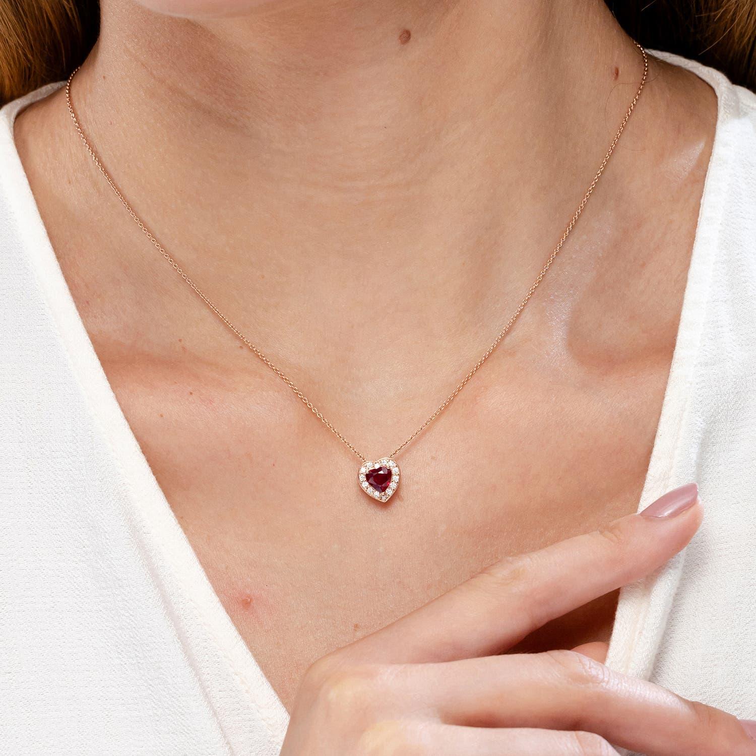 Modern Angara Natural Heart-Shaped Ruby Pendant with Diamond Halo in 14K Solid Gold For Sale