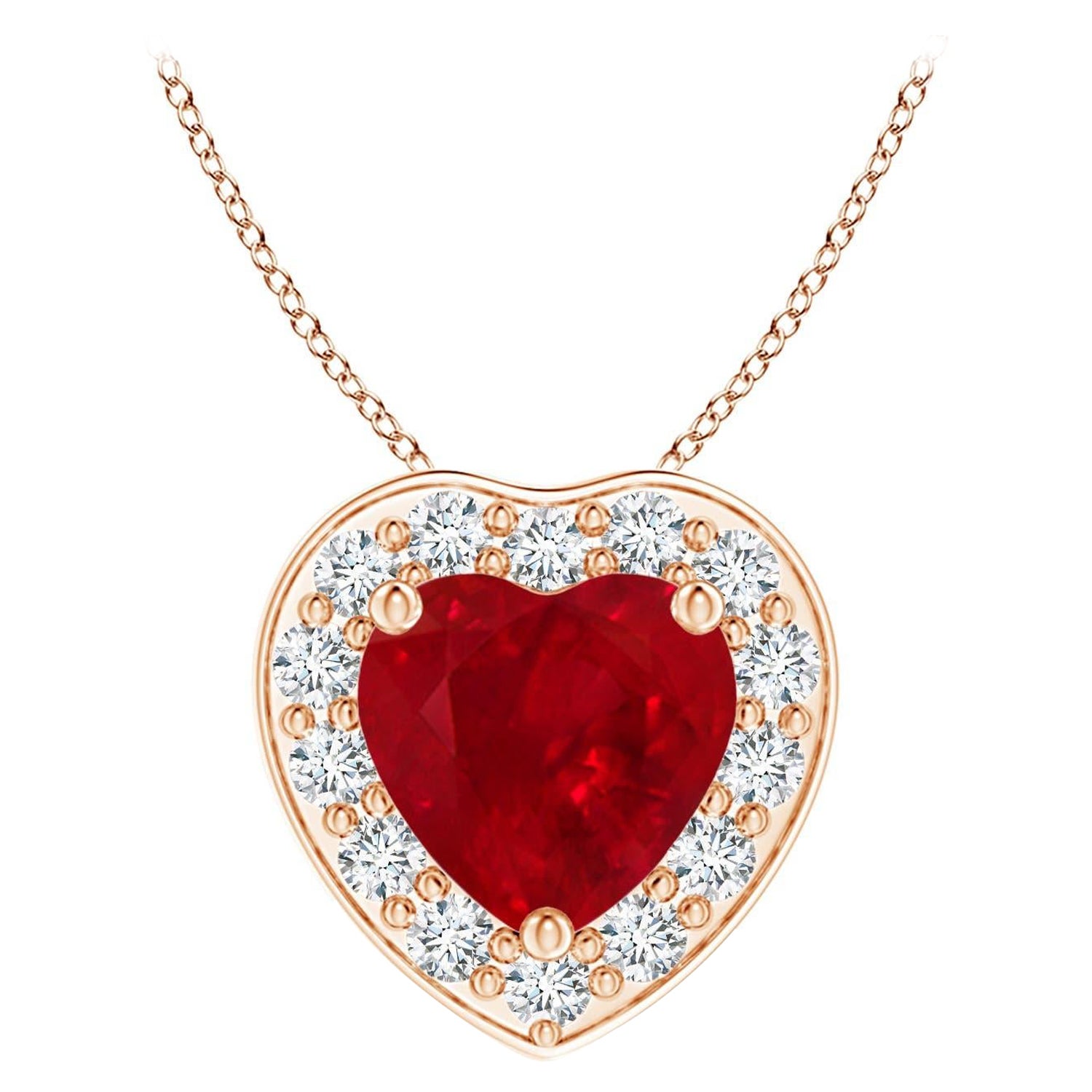 Angara Natural Heart-Shaped Ruby Pendant with Diamond Halo in 14K Solid Gold