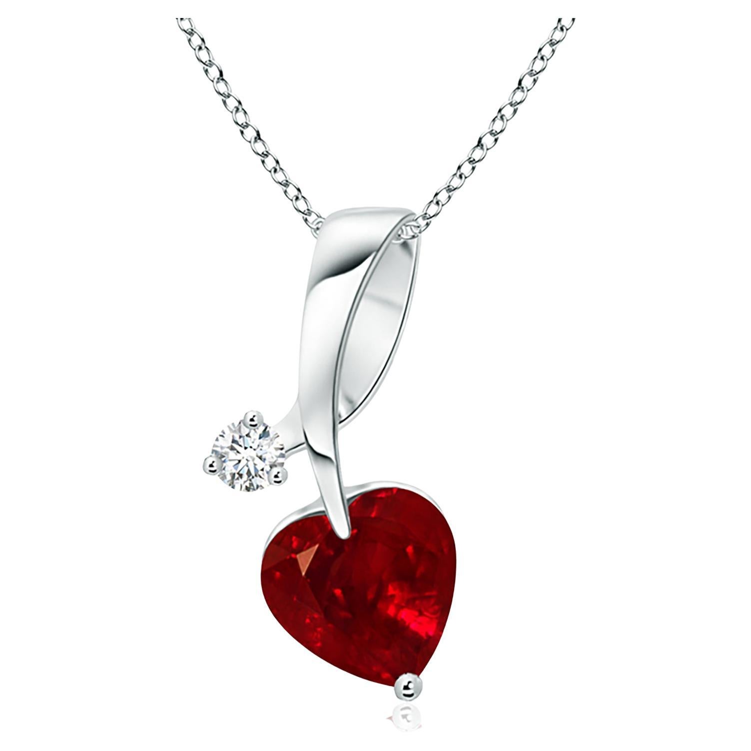 ANGARA Natural Heart-Shaped 0.80ct Ruby Pendant with Diamond in Platinum For Sale