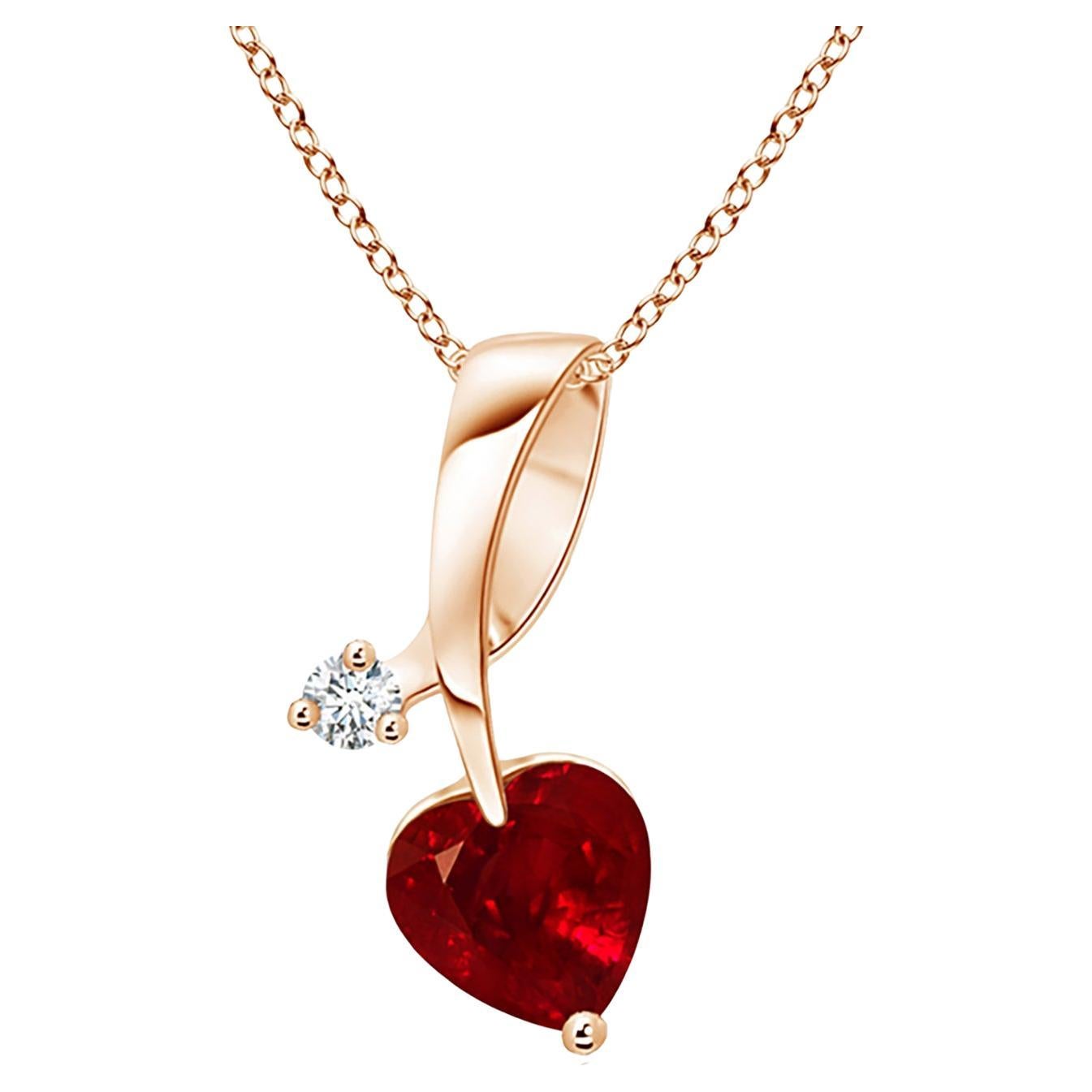 ANGARA Natural Heart-Shaped 0.55ct Ruby Pendant with Diamond in Rose Gold For Sale
