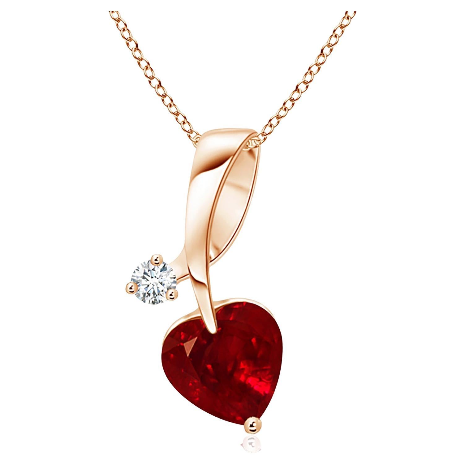 ANGARA Natural Heart-Shaped 0.80ct Ruby Pendant with Diamond in Rose Gold For Sale