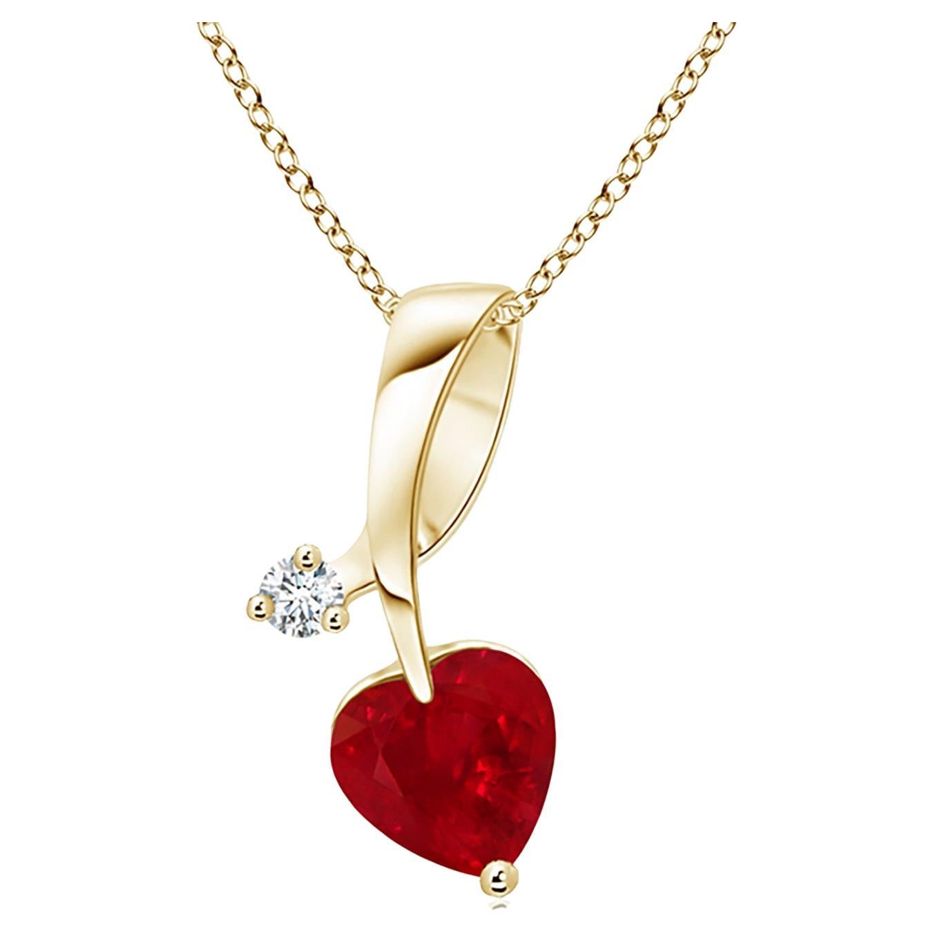 ANGARA Natural Heart-Shaped 0.55ct Ruby Pendant with Diamond in Yellow Gold For Sale
