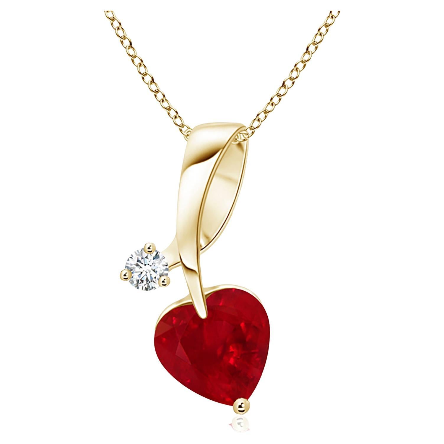 ANGARA Natural Heart-Shaped 0.80ct Ruby Pendant with Diamond in Yellow Gold For Sale
