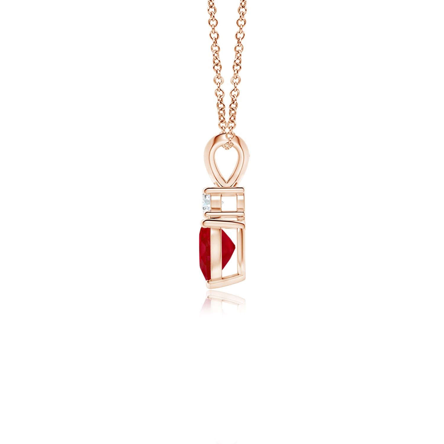 This heart-shaped ruby pendant in 14K rose gold is a beautiful symbol of love. The bold red gem is topped with a glittering round diamond and linked to a rabbit ear bale.
Ruby is the birthstone for July and the traditional gemstone gift for the 15th