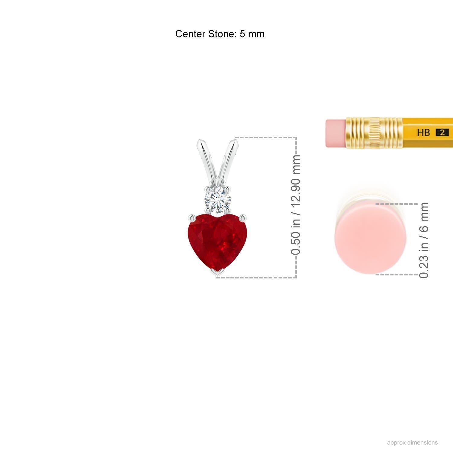 This heart-shaped ruby pendant in 14K white gold is a beautiful symbol of love. The bold red gem is topped with a glittering round diamond and linked to a rabbit ear bale.
Ruby is the birthstone for July and the traditional gemstone gift for the