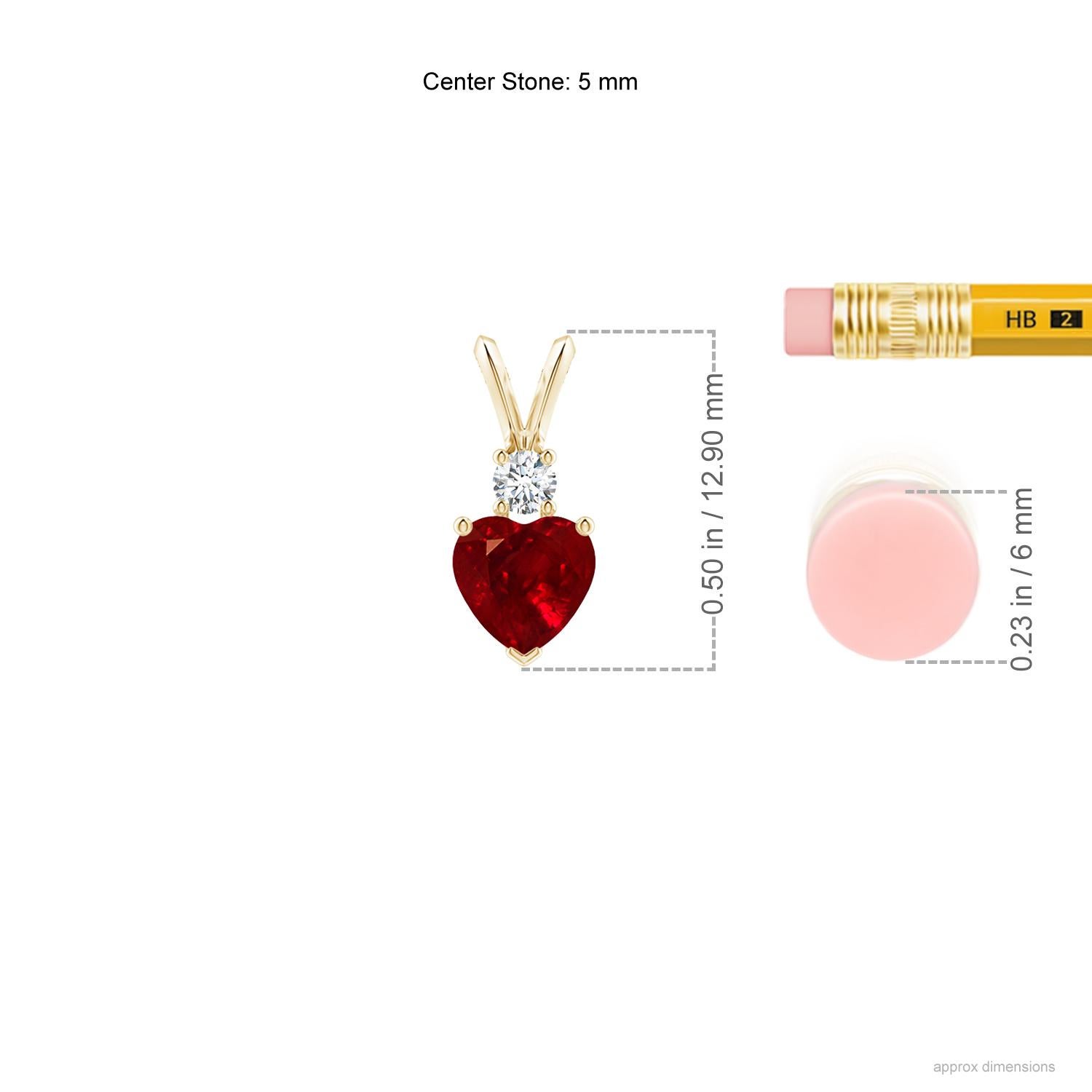 This heart-shaped ruby pendant in 14K yellow gold is a beautiful symbol of love. The bold red gem is topped with a glittering round diamond and linked to a rabbit ear bale.
Ruby is the birthstone for July and the traditional gemstone gift for the