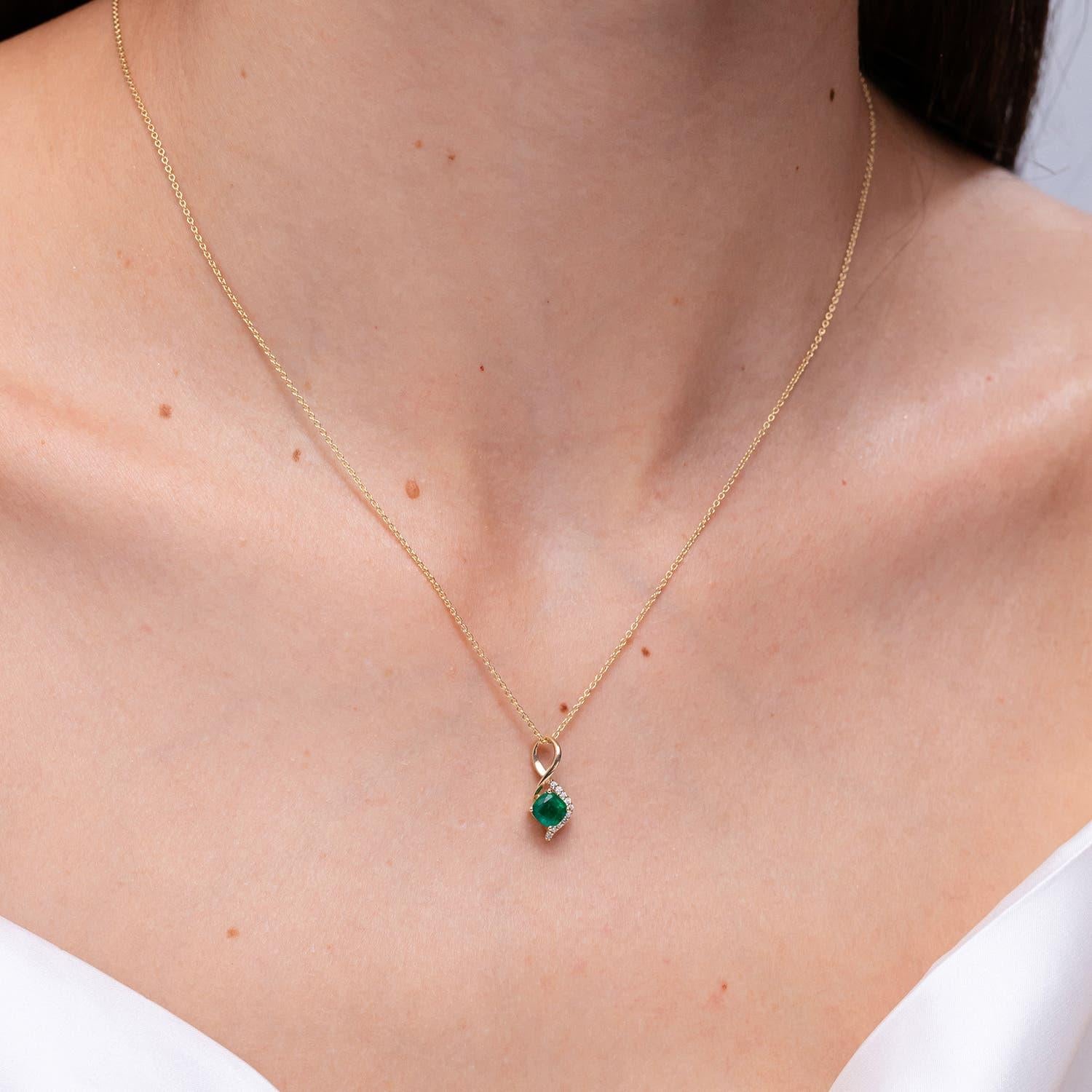 Cushion Cut Angara Natural Infinity Twist Emerald Pendant with Diamond in 14K Solid Gold For Sale