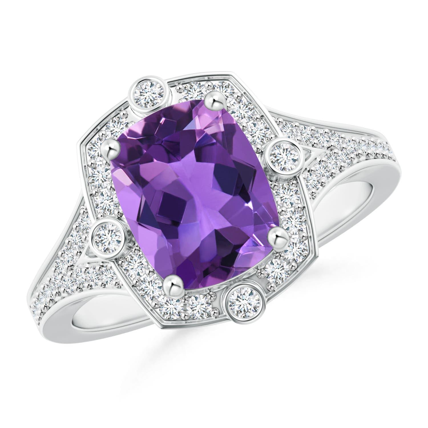Bague d'améthyste coussin de 2ct d'inspiration Nature avec halo de diamants en or 14K Pour femmes en vente