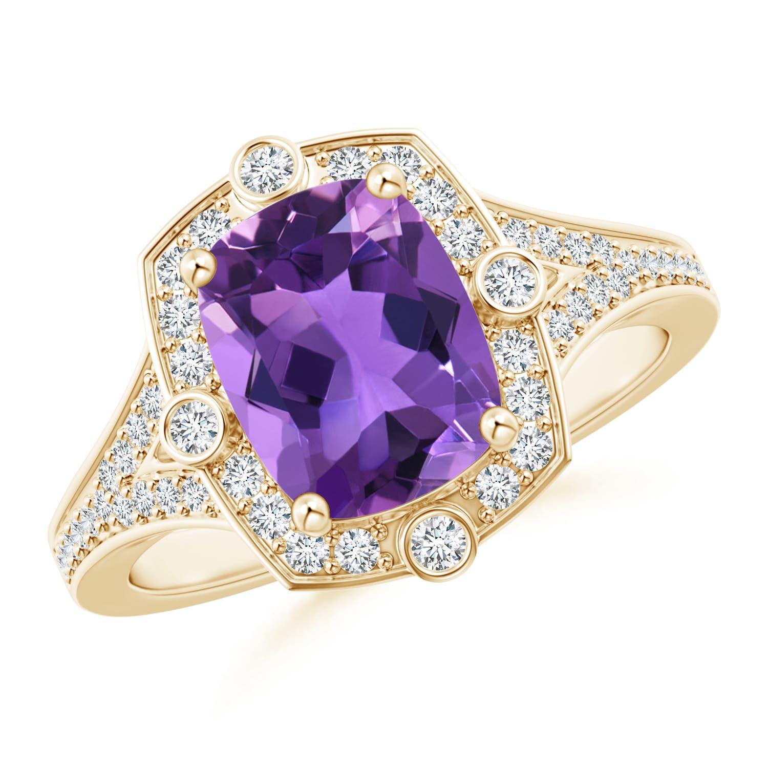 Bague d'améthyste coussin de 2ct d'inspiration Nature avec halo de diamants en or 14K en vente 1