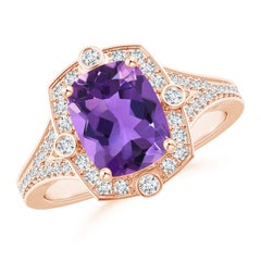Bague d'améthyste coussin de 2ct d'inspiration Nature avec halo de diamants en or 14K