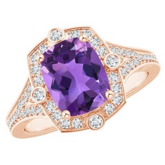 Bague d'améthyste coussin de 2ct d'inspiration Nature avec halo de diamants en or 14K