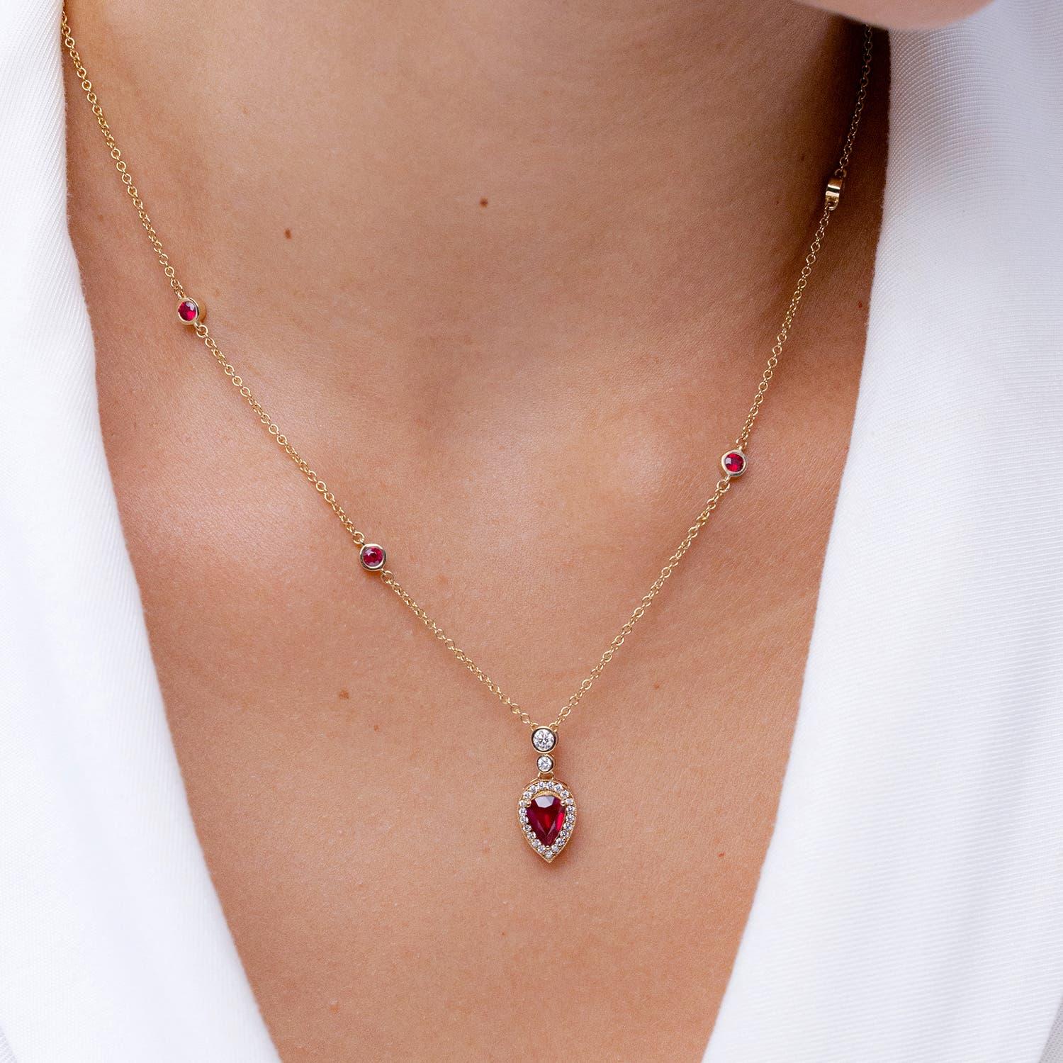 Modern Angara Natural Inverted Pear 1 ct Ruby Necklace with Diamonds in 14K Solid Gold For Sale
