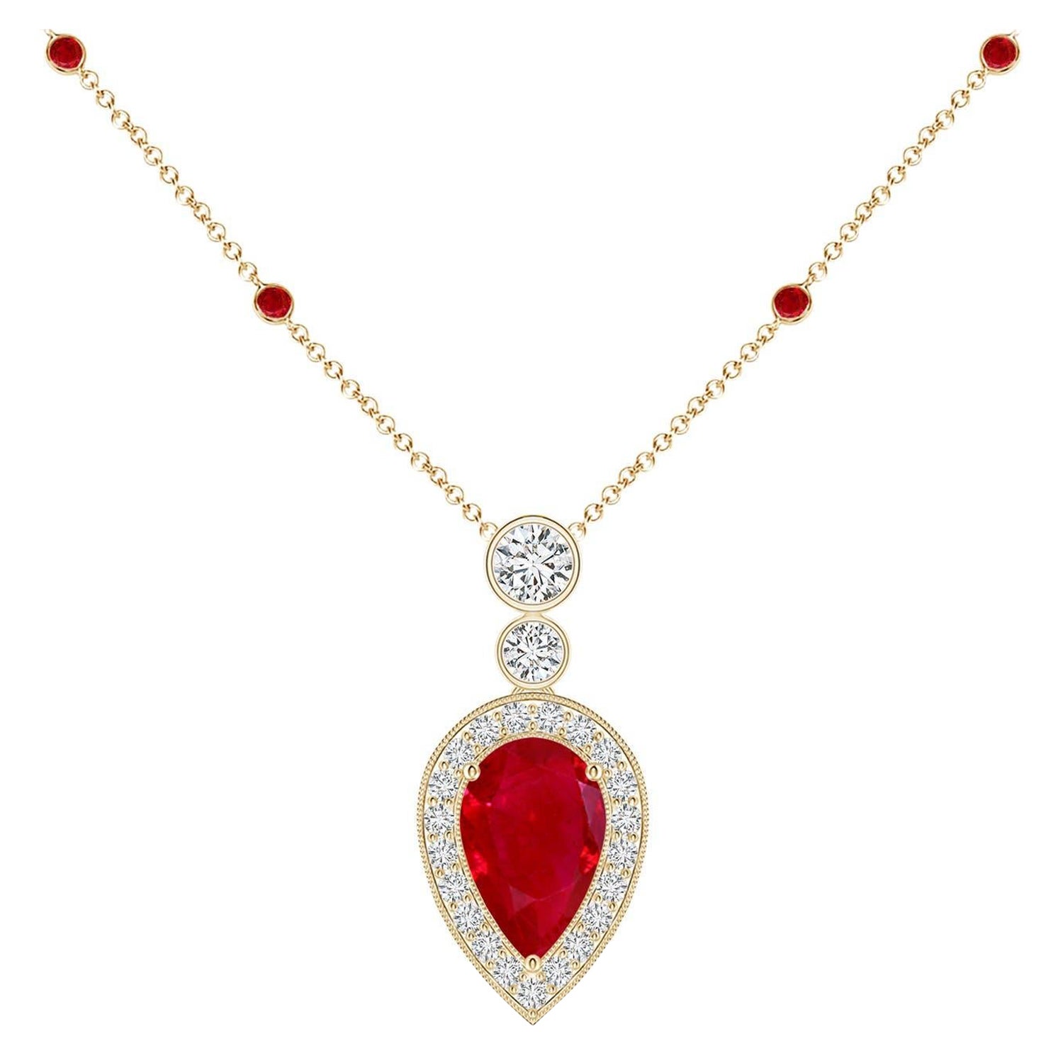 Angara Natural Inverted Pear 1 ct Ruby Necklace with Diamonds in 14K Solid Gold