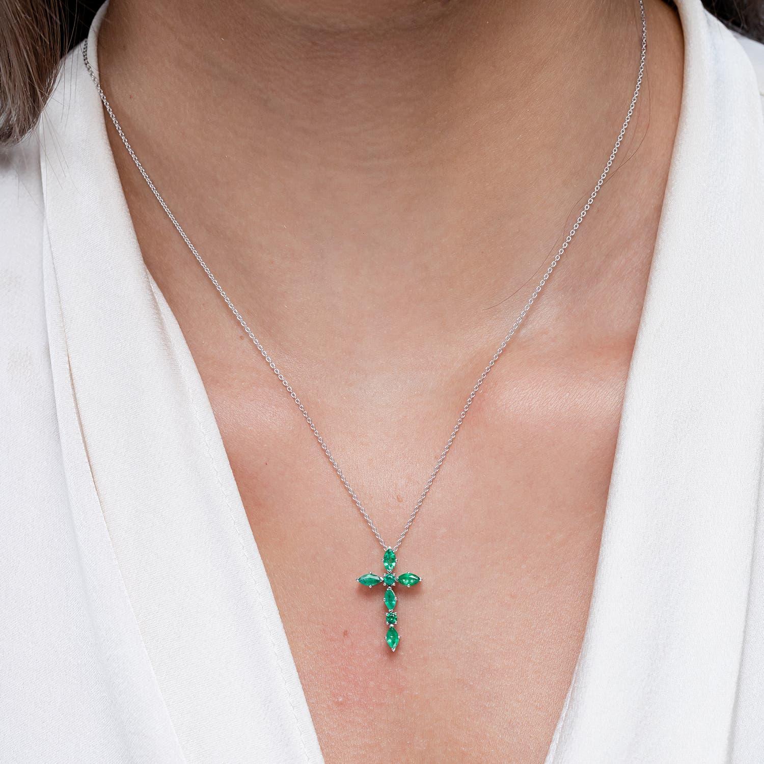 Modern Angara Natural Marquise and Round Emerald Cross Pendant in 14K Solid Gold For Sale
