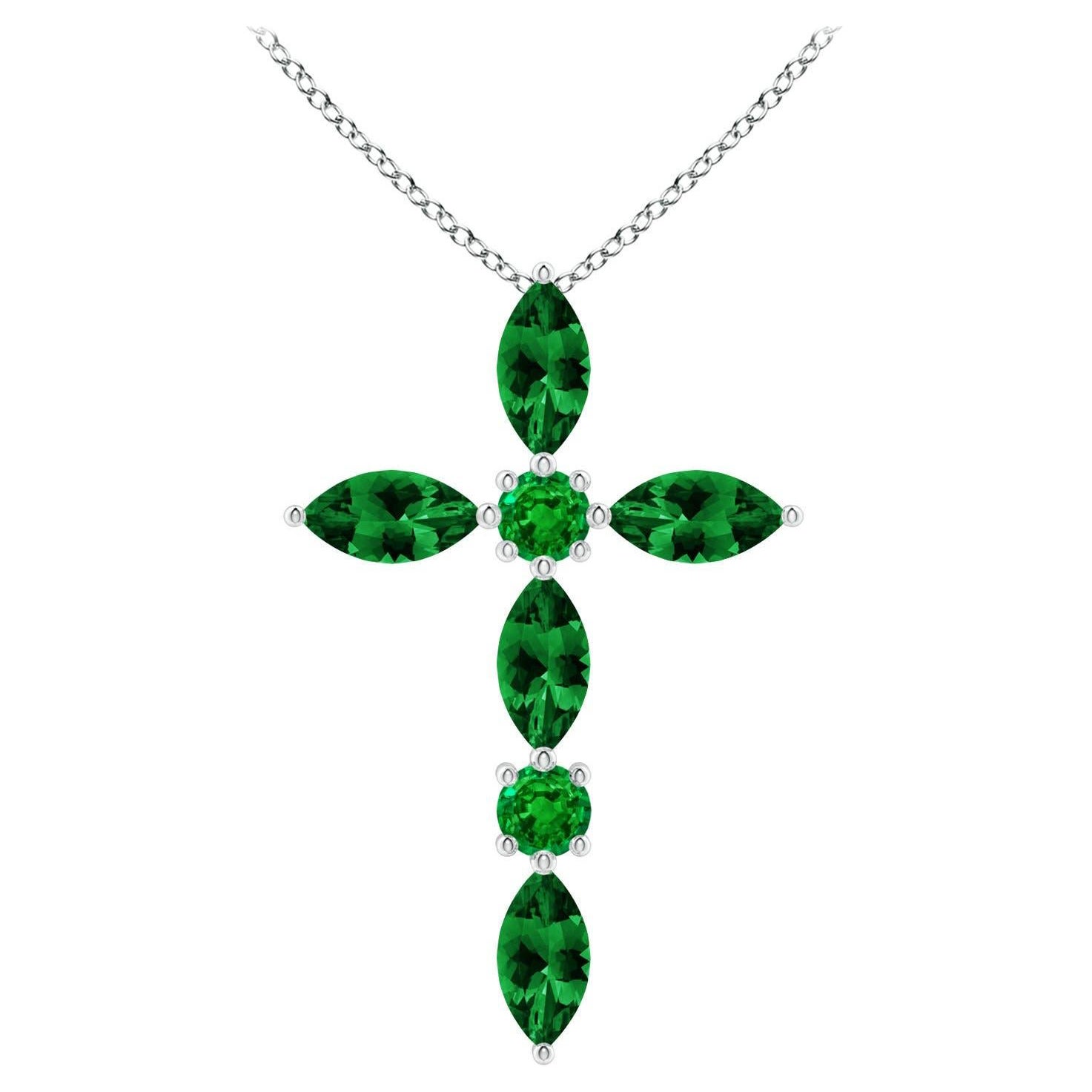 Angara Natural Marquise and Round Emerald Cross Pendant in 14K Solid Gold For Sale