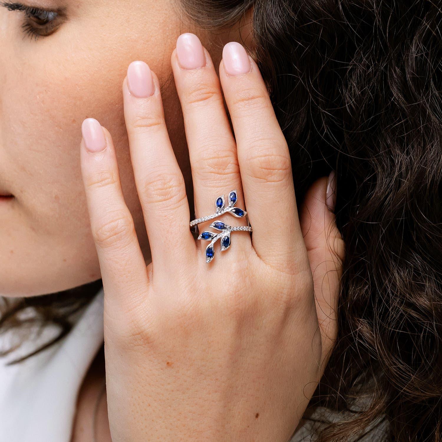 Taglio marquise Anello Angara con zaffiro marquise naturale e foglia d'ulivo in oro massiccio 14K per donna in vendita