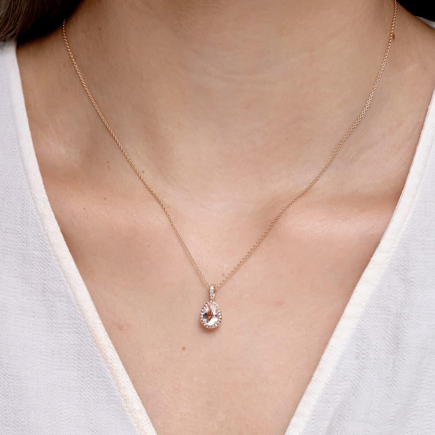 Modern Angara Natural Morganite Teardrop Pendant with Diamond Halo in 14K Solid Gold For Sale