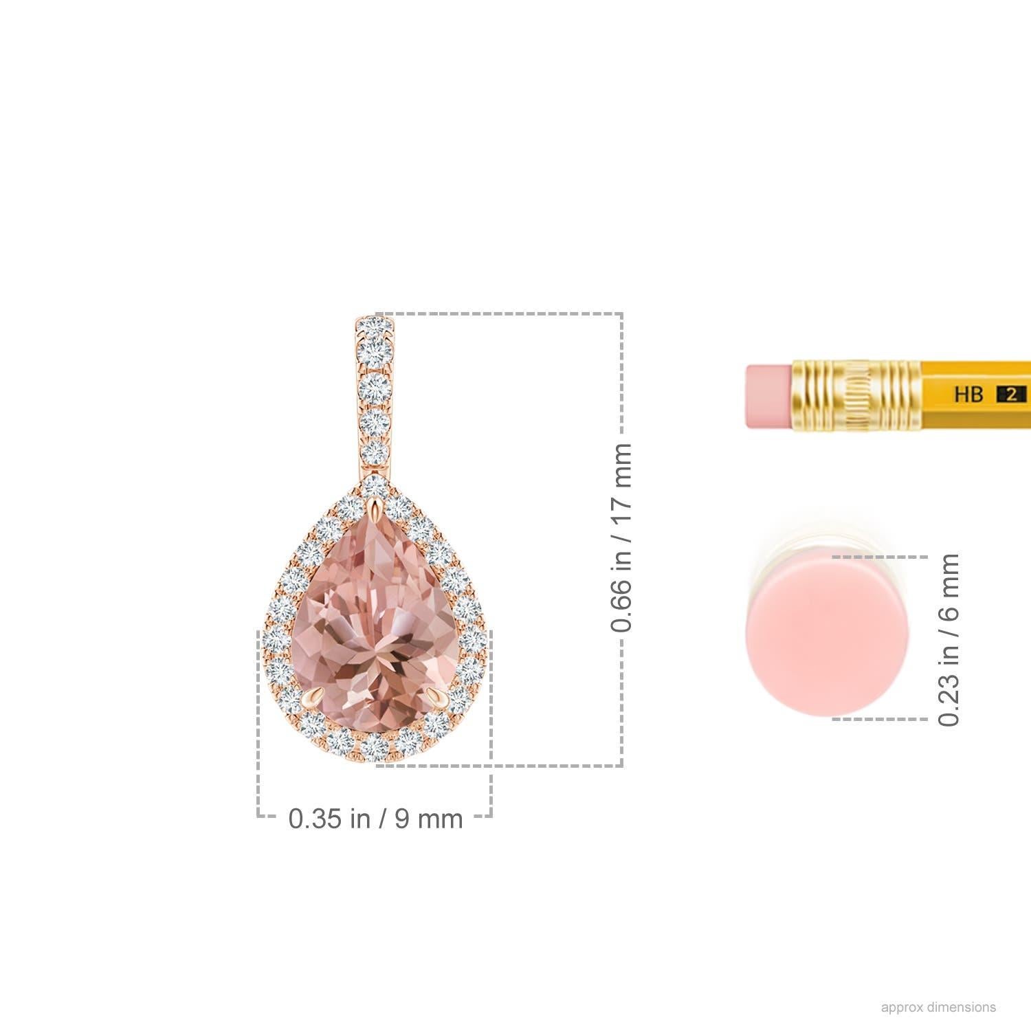 Pear Cut Angara Natural Morganite Teardrop Pendant with Diamond Halo in 14K Solid Gold For Sale
