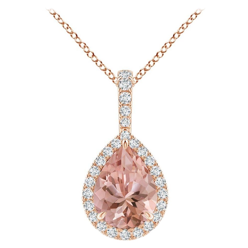 Angara Natural Morganite Teardrop Pendant with Diamond Halo in 14K Solid Gold