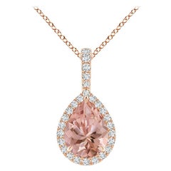 Angara Natural Morganite Teardrop Pendant with Diamond Halo in 14K Solid Gold