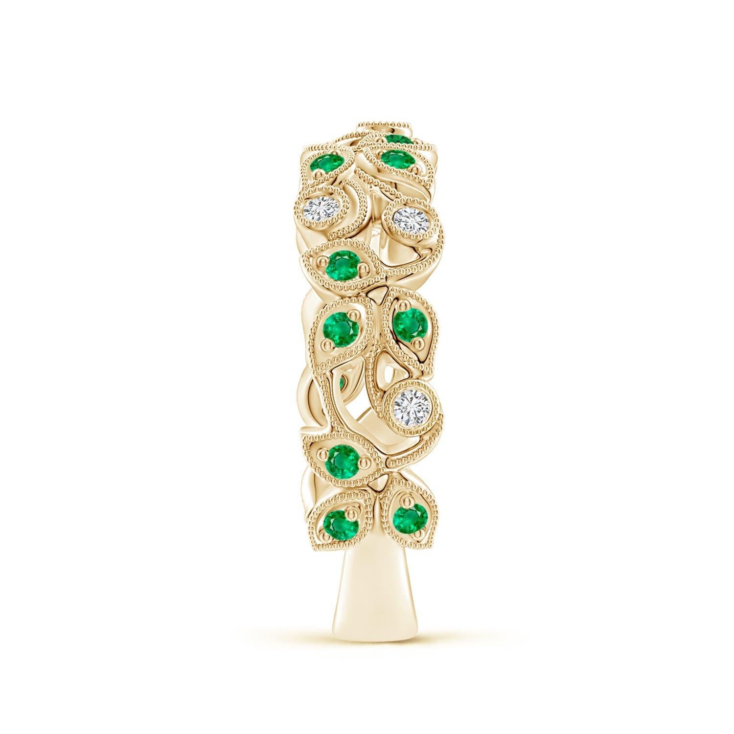 Taglio rotondo Anello Angara Natural Nature Inspired con smeraldo rotondo e diamante a forma di vite in oro massiccio 14 carati in vendita