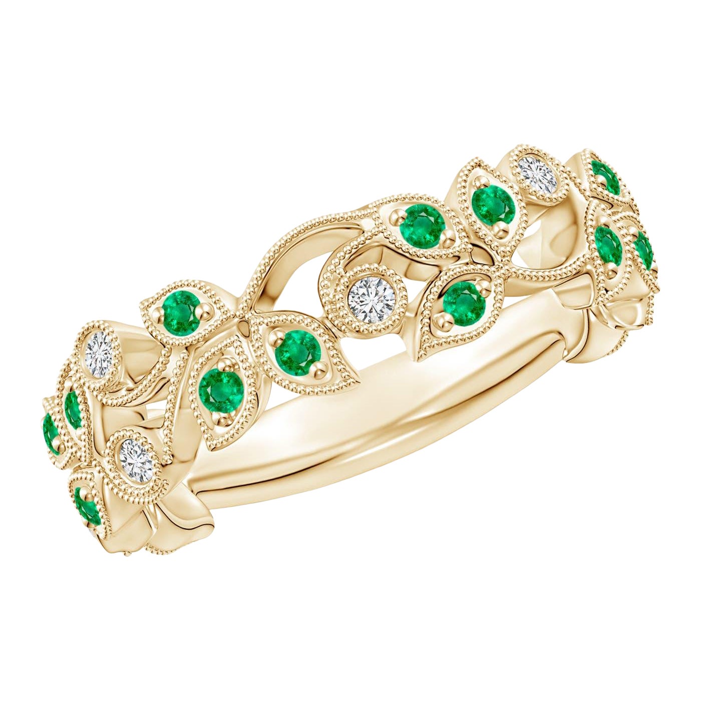 Angara Natural Nature Inspired Round Emerald & Diamond Vine Ring 14K Solid Gold