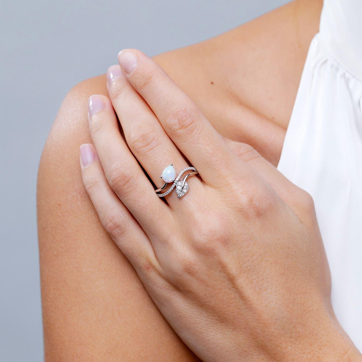 Modern Angara Natural Opal and Diamond Bypass Ring with Leaf Motif in 14K Solid Gold For Sale