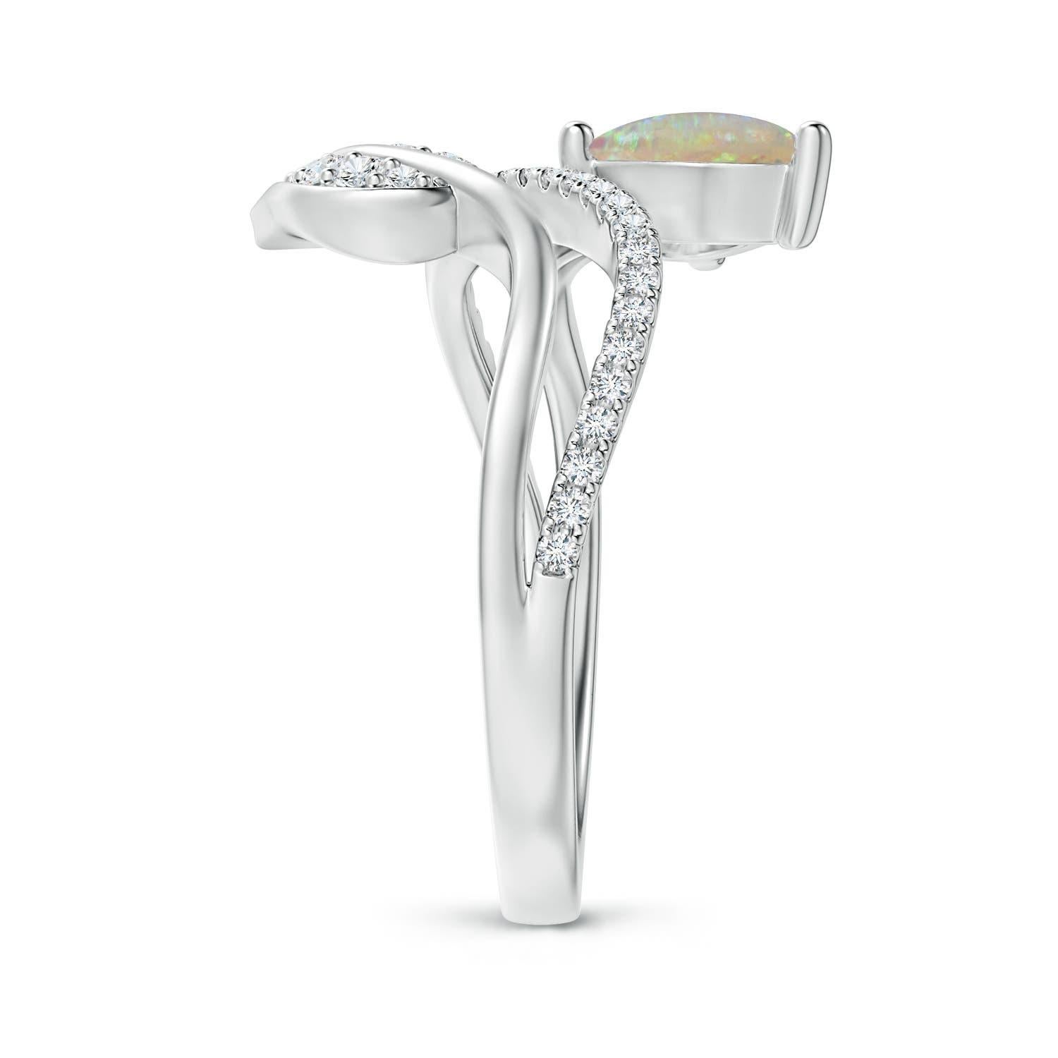 Pear Cut Angara Natural Opal and Diamond Bypass Ring with Leaf Motif in 14K Solid Gold For Sale
