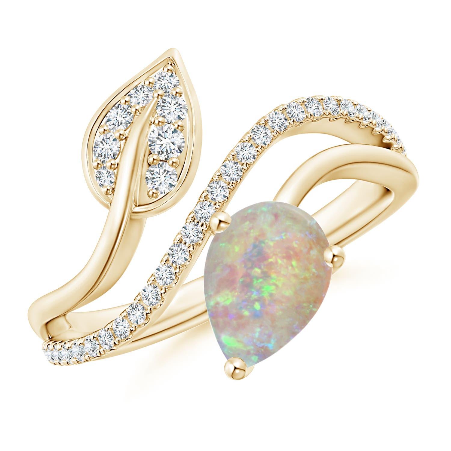 Angara Natural Opal and Diamond Bypass Ring with Leaf Motif in 14K Solid Gold For Sale 1