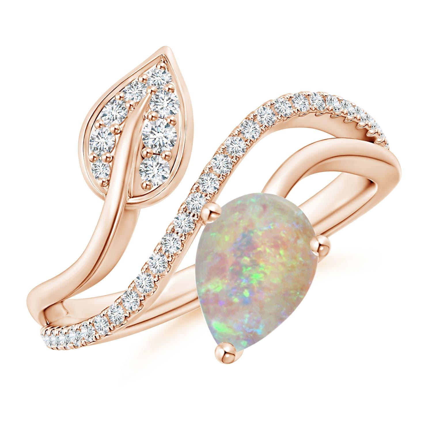 Angara Natural Opal and Diamond Bypass Ring with Leaf Motif in 14K Solid Gold For Sale 2