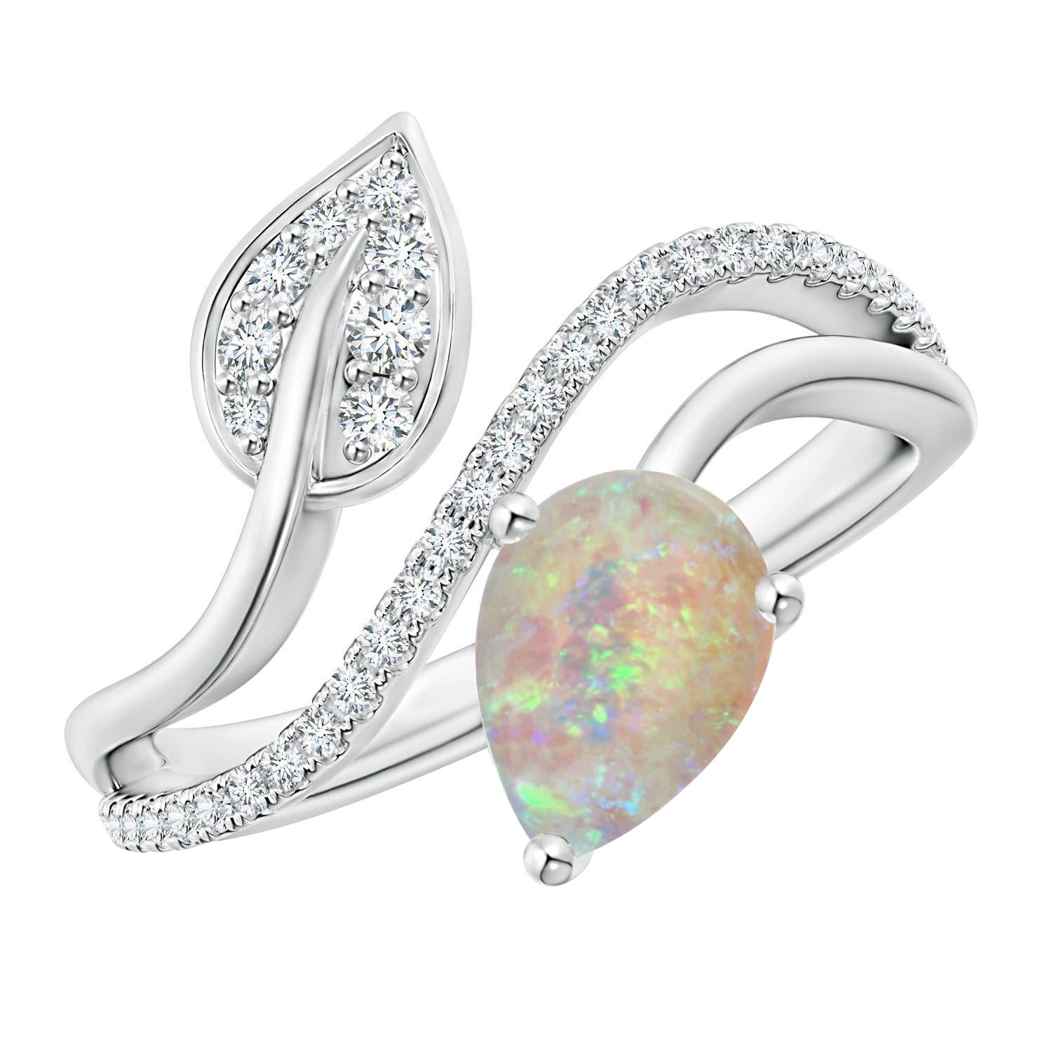 Angara Natural Opal and Diamond Bypass Ring with Leaf Motif in 14K Solid Gold For Sale