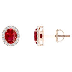 ANGARA Natural Oval 0.80ct Ruby Studs with Diamond Halo in 14K Rose Gold