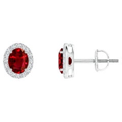ANGARA Natural Oval 0.80ct Ruby Studs with Diamond Halo in 14K White Gold